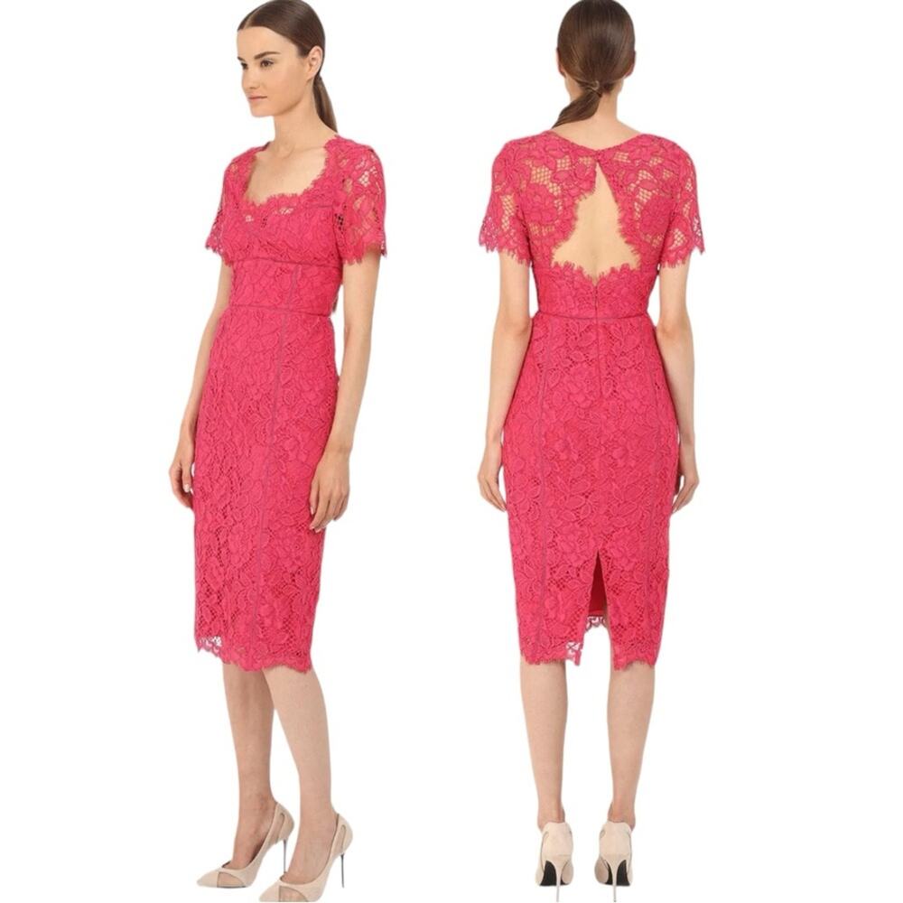 Marchesa Notte Open Back Fuchsia Sheath Cocktail Dress Laddering Detail NWT Sz 6